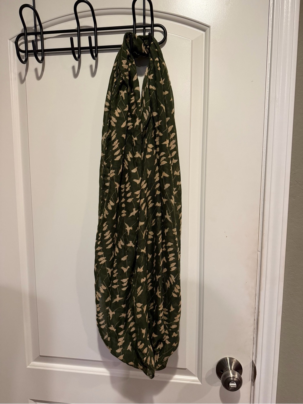 Olive Green Leaf and Bird Pattern Infinity Scarf
